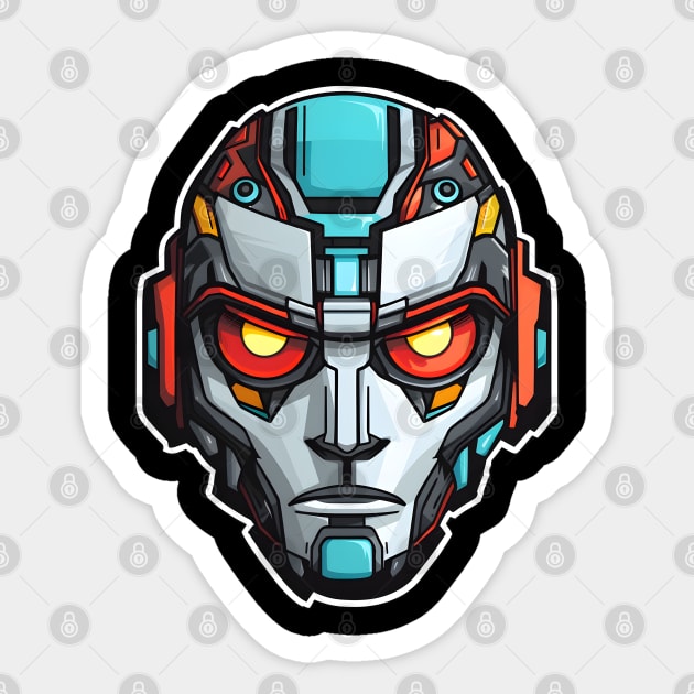 Stylized Robotic Head with Glaring Red Eyes Sticker by AIHRGDesign